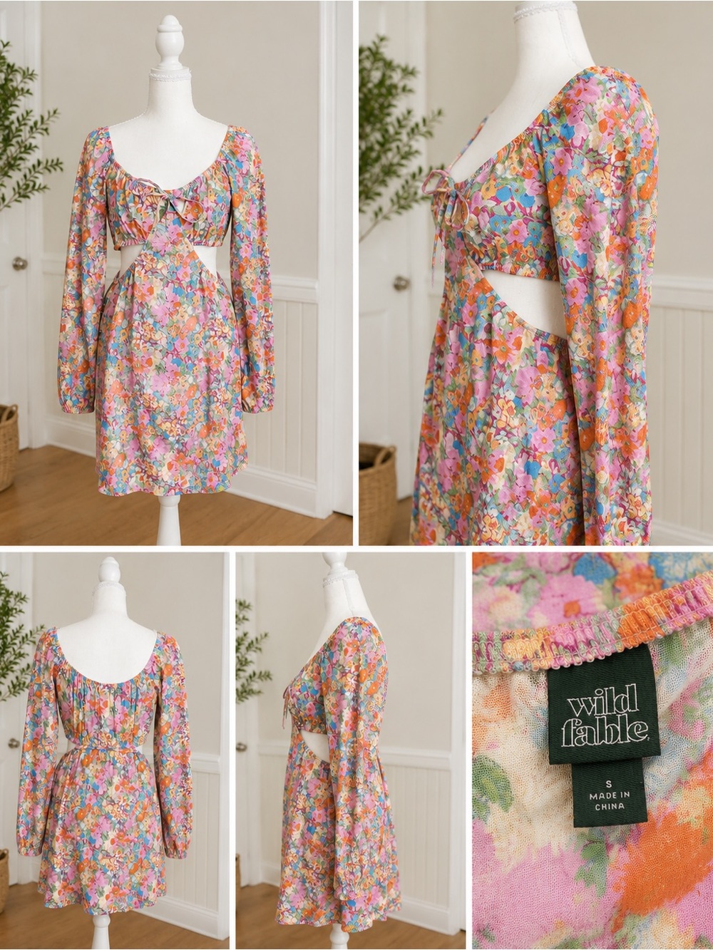 Wild Fable Pastel Floral Cutout Mini Dress - Pink, Orange, Green, Blue, Cream